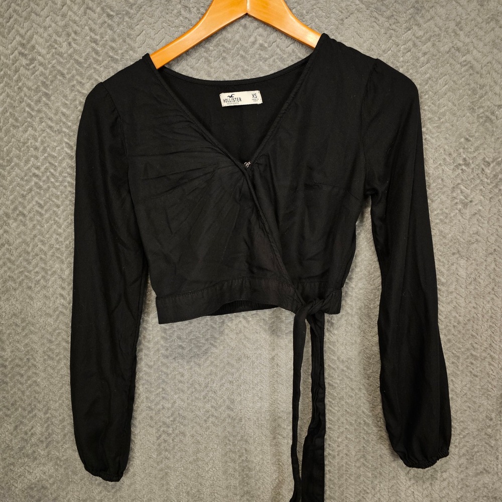 Hollister Womens Black Long Sleeve Wrap Tie Crop Top V-Neck Viscose‎ XS